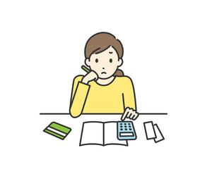 家計簿をつけながら悩んでいる女性のイラスト
