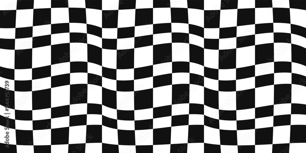Poster Curly and checkered pattern. A black and white pattern of identical squares and rectangles that develop in a 3D style. Seamless tile pattern for interior design and print.