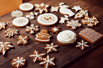 Gingerbread cookies with chrismas decorations on wooden table