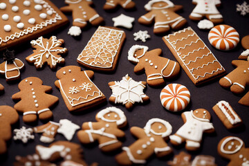 Gingerbread cookies with chrismas decorations on wooden table