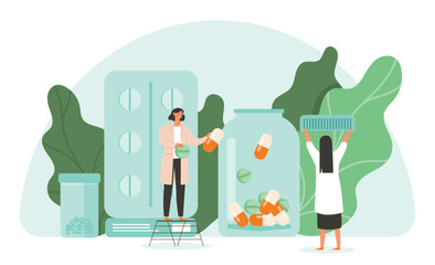 Medicine pills concept. Women collect medicine jars, pharmacists and doctors. Medical poster or banner for website. Preparation and medical treatment metaphor. Cartoon flat vector illustration