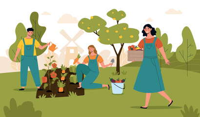 People harvesting concept. Farming and agriculture. Men and women gather carrots and tomatoes. Fresh and organic products, family of farmers picking vegetables. Cartoon flat vector illustration