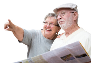 Transparent PNG Happy taveling senior couple with brochure map enjoying the sites.