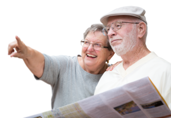 Transparent PNG Happy taveling senior couple with brochure map enjoying the sites.
