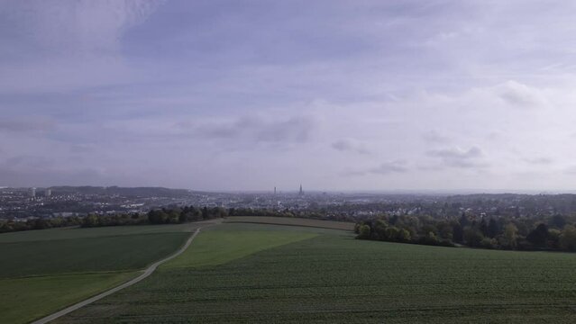 Aerial time lapse shot approaching city of Ulm from a forest while passing a colorful tree on a morning in autumn