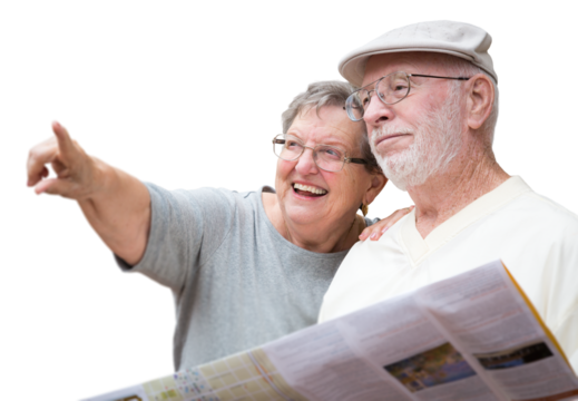 Transparent PNG Happy taveling senior couple with brochure map enjoying the sites. - Powered by Adobe