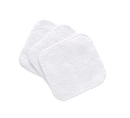 Soft clean cotton pads on white background, top view