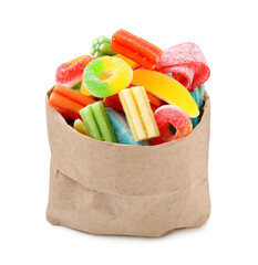 Paper bag of tasty colorful jelly candies on white background