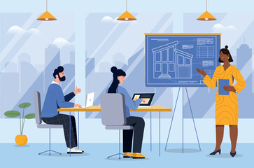 Architect project presentation. Man and woman next to blueprint. Training and education, selfdevelopment. Teacher gives lecture to students. Engineers and builders. Cartoon flat vector illustration
