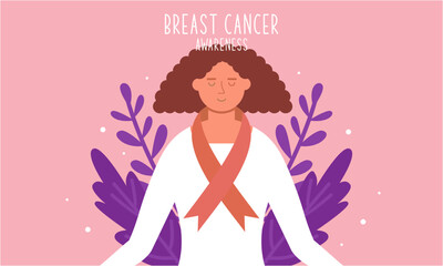 Obraz na płótnie Canvas Breast cancer awareness with ribbon and illustration logo