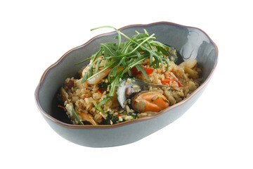 Seafood fried rice with a white background