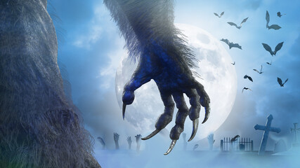 scary monster hand, furry werewolf paw for halloween background render 3d © de Art