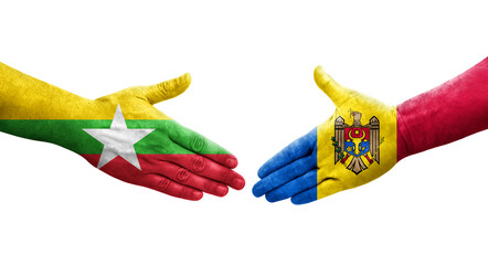 Handshake between Moldova and Myanmar flags painted on hands, isolated transparent image.