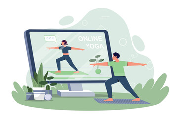 Yoga online concept. Character watches tutorial and takes same assana as teacher. Active lifestyle, sports and fitness. Young guy practice at home, stretches. Cartoon flat vector illustration