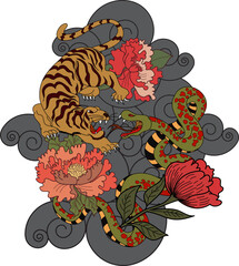 Snake fighting with tiger tattoo.Dragon and tiger on cloud and red rising sun.