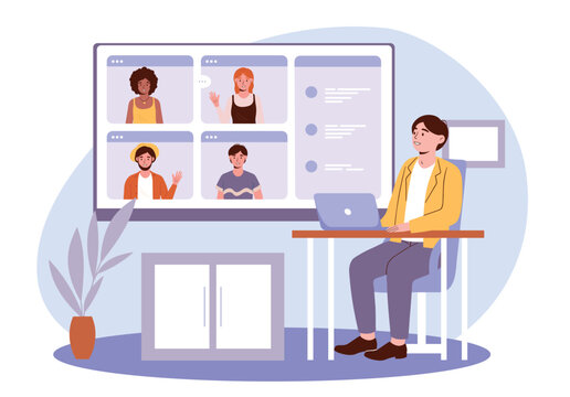 Virtual meeting concept. Man with laptop holds video call or conference, communicates with friends and colleagues. Social networks and communication on Internet. Cartoon flat vector illustration