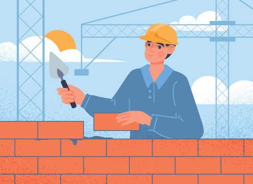 Male builder concept. Man in protective helmet builds house from caviar of furnaces, engineer and worker at workplace. Design and construction of houses and buildings. Cartoon flat vector illustration