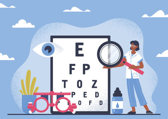 Concept of ophthalmology. Woman with magnifying glass stands near letters of different sizes for assessing vision. Medical poster or banner. Diagnosis and health care. Cartoon flat vector illustration