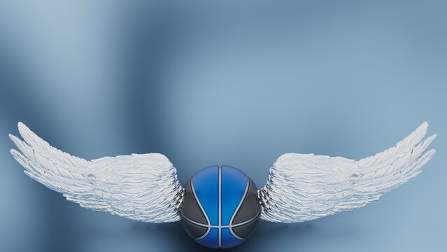 Blue-Black basketball with the metallic silver wings under white-green lighting background. 3D illustration. 3D high quality rendering.