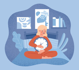 Sleep disorder concept. Woman sitting on bed with clock in her hands. Health problems, psychology and insomnia. Young girl with mental disorder. Poster or banner. Cartoon flat vector illustration