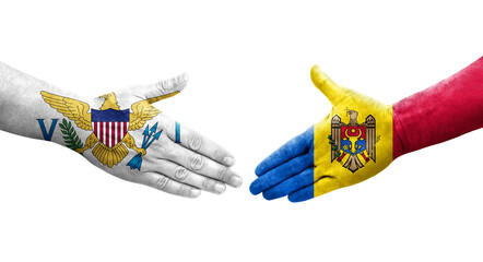 Handshake between Moldova and Virgin Islands flags painted on hands, isolated transparent image.