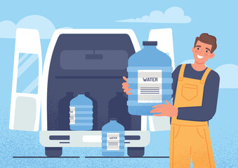 Water delivery concept. Man takes large bottles out of car. Purchase of products on Internet and home delivery, loader and courier. Poster or banner for website. Cartoon flat vector illustration