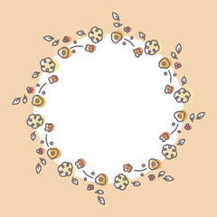 お花の手書き丸型フレーム　ベクターイラスト素材　オレンジ