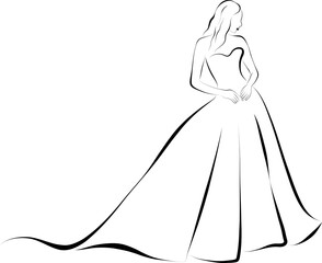 Bride in wedding dress isolated on transparent background. Hand drawn line art illustration.