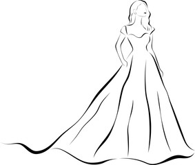 Bride in wedding dress isolated on transparent background. Hand drawn line art illustration.