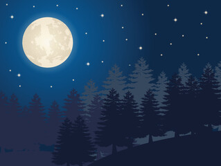 beautiful full moon with forest view. vector illustration background, landscape