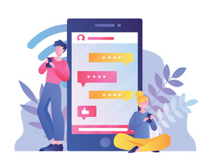 Man and woman send messages. Couple communicates in messengers and social networks. Application for romantic dating, program. Modern technologies and digital world. Cartoon flat vector illustration