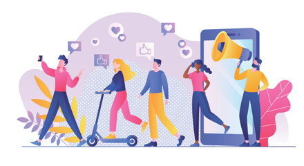Referral marketing concept. Men and women go from smartphone screen. Modern methods of marketing and promotion on Internet. Social networks and instant messengers. Cartoon flat vector illustration