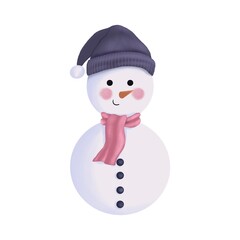 Watercolor snowman with purple beanie hat and pink scarf. Watercolor winter illustration isolated on white background.Christmas celebration cards. Winter new year design.
