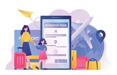 Ticket buying app. Woman with her daughter walk next to smartphone next to globe. Tourism and travel, holidays and vacation. Electronic payments and transfers. Cartoon flat vector illustration