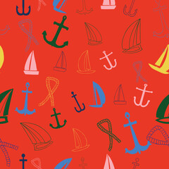 Vector red nautical themed seamless repeat background pattern. Perfect for fabric, wallpaper, scrapbooking and diy projects. 