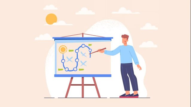 Business strategy video concept. Moving male entrepreneur holding pointer and presenting plan to achieve goals or success. Overcoming obstacles and increasing profits. Flat graphic animated cartoon