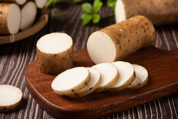 fresh Chinese yam on wooden table