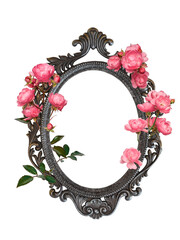 Baroque style ornate metal frame with interweaving pink blooming roses isolated cutout