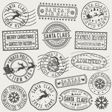 Santa Claus North Pole Express Delivery Original Stamp. Elf Workshop Factory Design Vector Art Round Seal.