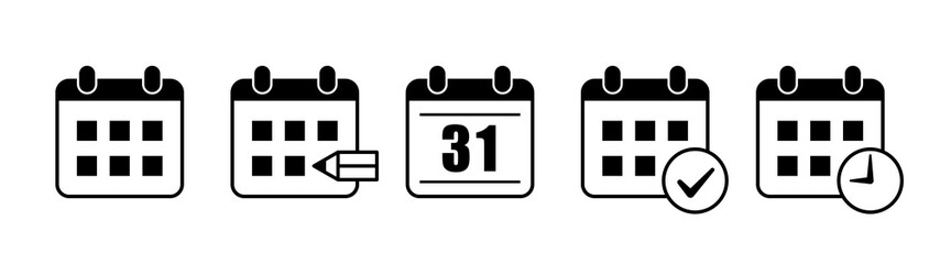 Monochrome calendar icon set. Time and schedule management symbols.