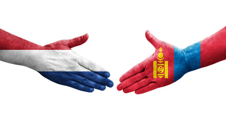 Handshake between Mongolia and Netherlands flags painted on hands, isolated transparent image.