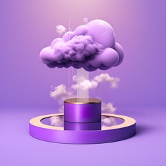 Purple cloud smog float fog vapour stand podium product display air theme sky night fume smoke light feather violet pedestal place fashion and cosmetic skincare or beauty products. 3D Illustration.