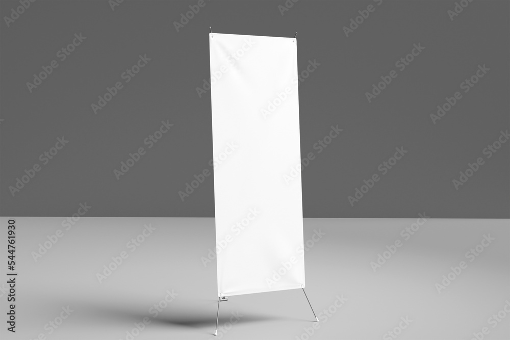 Sticker blank white x banner display mockup on grey background. 3d rendering