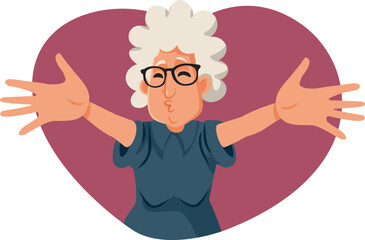Funny Granny Reaching for a Kiss Vector Cartoon Illustration. Grandma being too affectionate requesting a hug 
