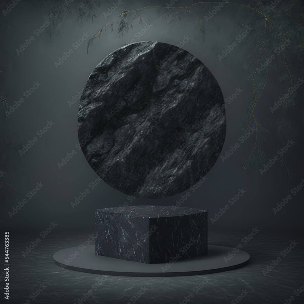 Poster Black stone pedestal background presentation 3d stage podium of abstract nature tree branch leaf or product platform stand display rock showcase and empty dark marble premium scene blank space mockup.