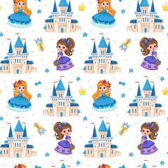 Obraz na płótnie Canvas Seamless pattern with a cute little princess in a ball gown and a palace. Royal castle in a fun children's style. Vector illustration for print clothes, postcards, textiles. For little girls.