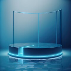 3d render round platform on water with glass wall panels. Minimal landscape mockup for product showcase banner in blue neon colors. Modern promotion mock up. Geometric background with empty space.