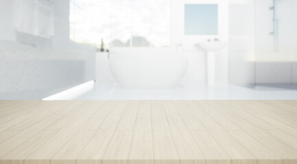 Fototapeta na wymiar 3d rendering of wood counter, table top or countertop with blur bathroom or shower room. Modern interior design in perspective view. Empty space with wooden texture pattern at surface for background. 