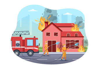 Obraz na płótnie Canvas Fire Department with Firefighters Extinguishing House, Forest and Helping People in Various Situations in Flat Hand Drawn Cartoon Illustration