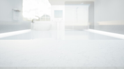 3d rendering of white marble counter or countertop with blur bathroom or shower room. Modern interior design in perspective. Empty space with rock or stone texture pattern at surface for background.
